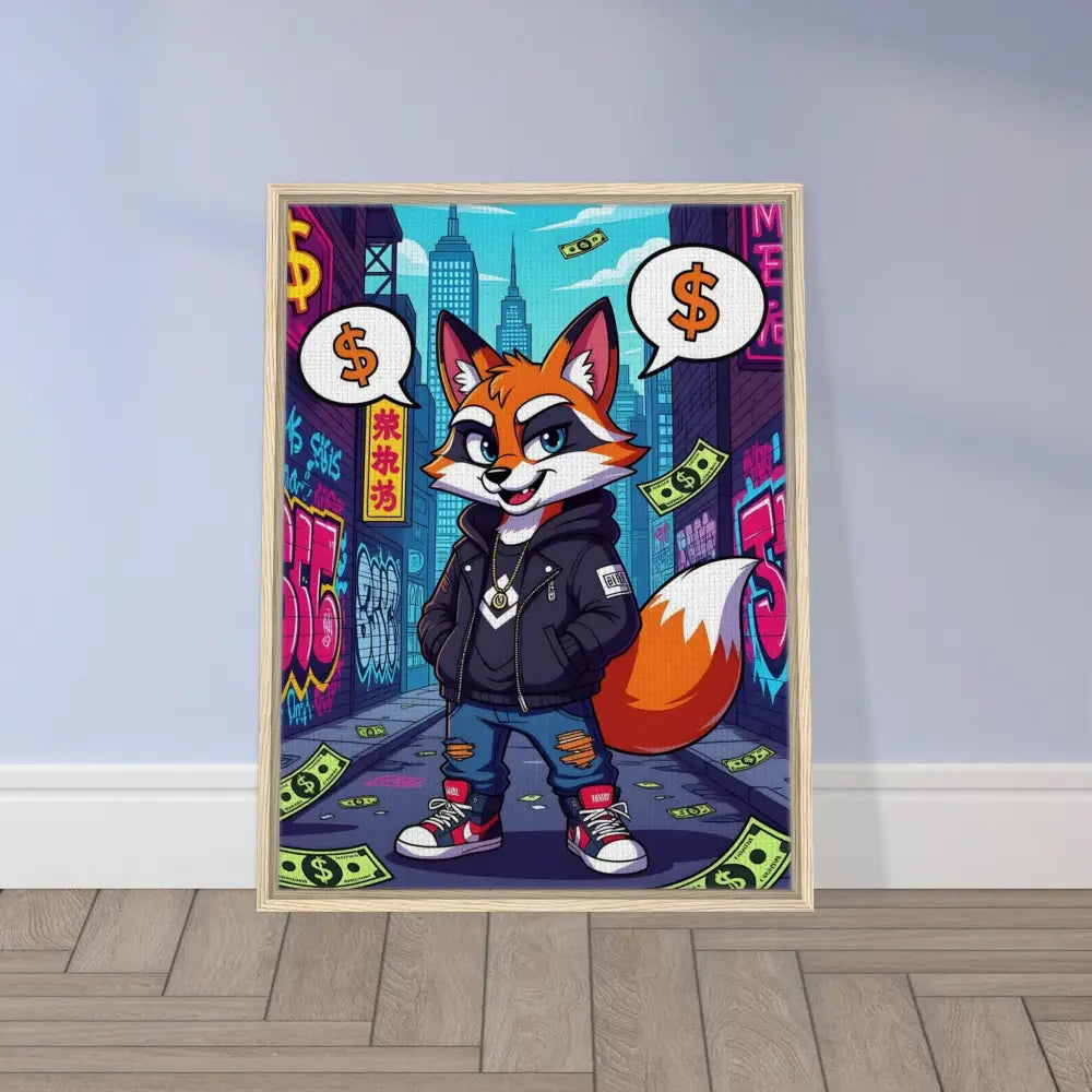 Framed cartoon fox art on canvas in the product PixiOnyx Alley King Street Hustle Fox