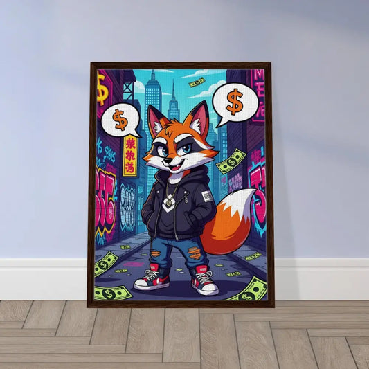 Framed cartoon fox artwork on canvas for Street Hustle Fox PixiOnyx Alley King display
