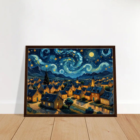 Framed starry night village painting on PixiOnyx Dreamscape Canvas