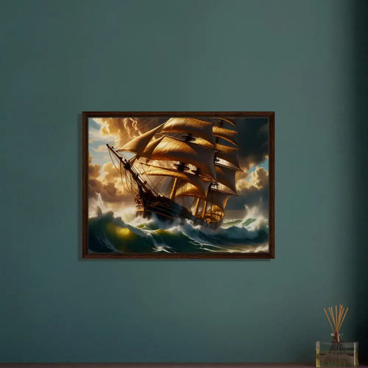 Framed ship painting displayed in PixiOnyx Gallery Edition Canvas Tempestbound Sovereign