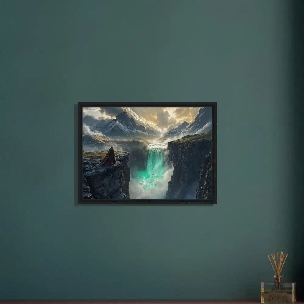 Framed waterfall landscape canvas artwork displayed in PixiOnyx Grand Canyonlight Edition