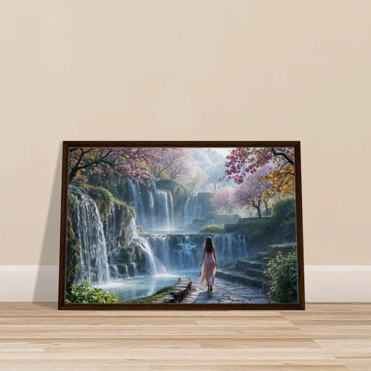 Framed waterfall landscape art from PixiOnyx Floating Realm Series displaying a serene waterfall scene