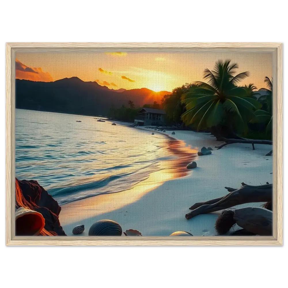 Framed beach sunset painting on tropical shore canvas art print by PixiOnyx Coastal