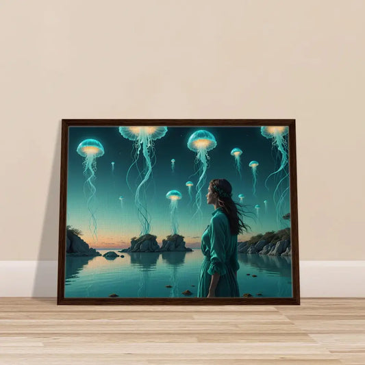 Framed turquoise jellyfish landscape art displayed on PixiOnyx Fantasy Wall Art canvas