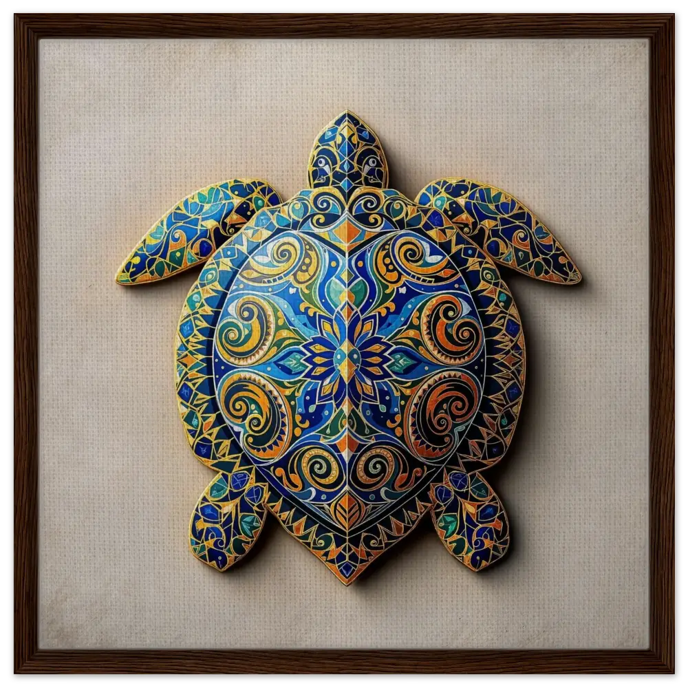 Colorful ornate turtle artwork on framed canvas titled Turtle Sigil Shell of Patterns
