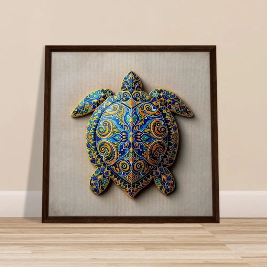 Framed turtle artwork displayed on PixiOnyx Totemic Framed Canvas with shell pattern design