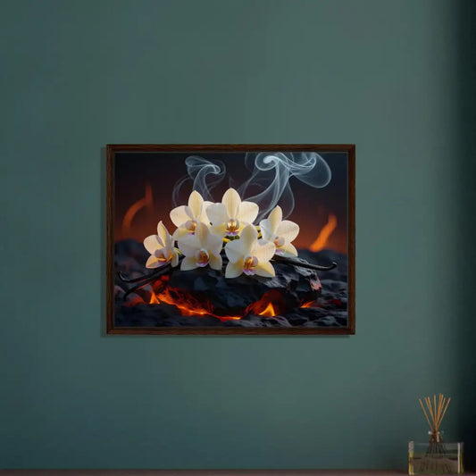 Framed floral and fire artwork on Volcanic Vanilla canvas in PixiOnyx Luxe Botanical Display