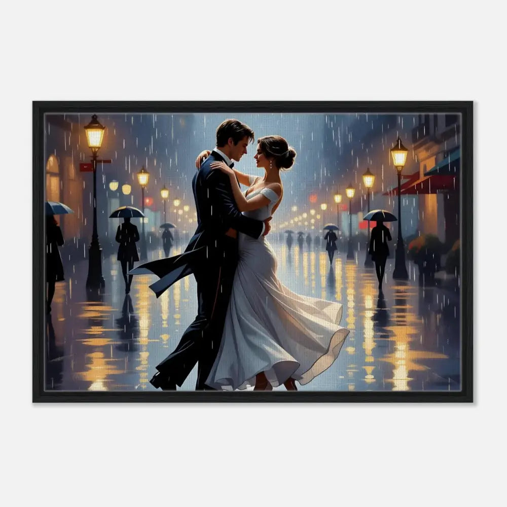 Romantic couple dancing in the rain on Framed Canvas Waltz in the Rain by PixiOnyx