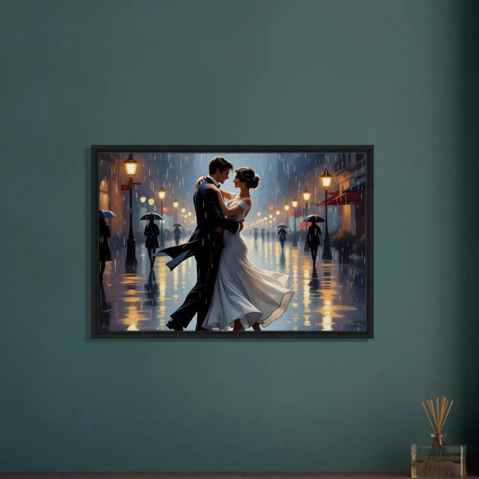 Framed painting of a couple dancing in the rain for Waltz in the Rain PixiOnyx Canvas