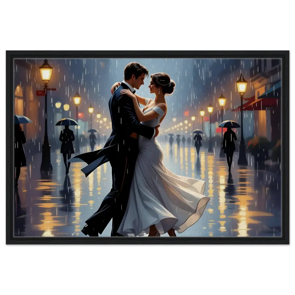 Romantic couple dancing in the rain on framed canvas Waltz in the Rain PixiOnyx Poetic Reverie