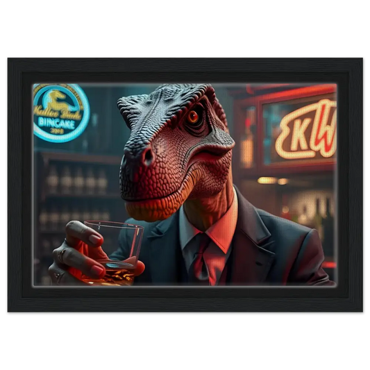 Dinosaur in a suit holding a drink displayed on Framed Canvas Whiskey Raptor After Hours wall art