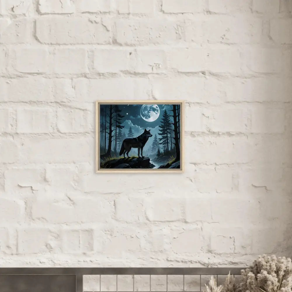 Framed wolf artwork from PixiOnyx Lunar Dreamscape Canvas series featuring a wolf and moon scene