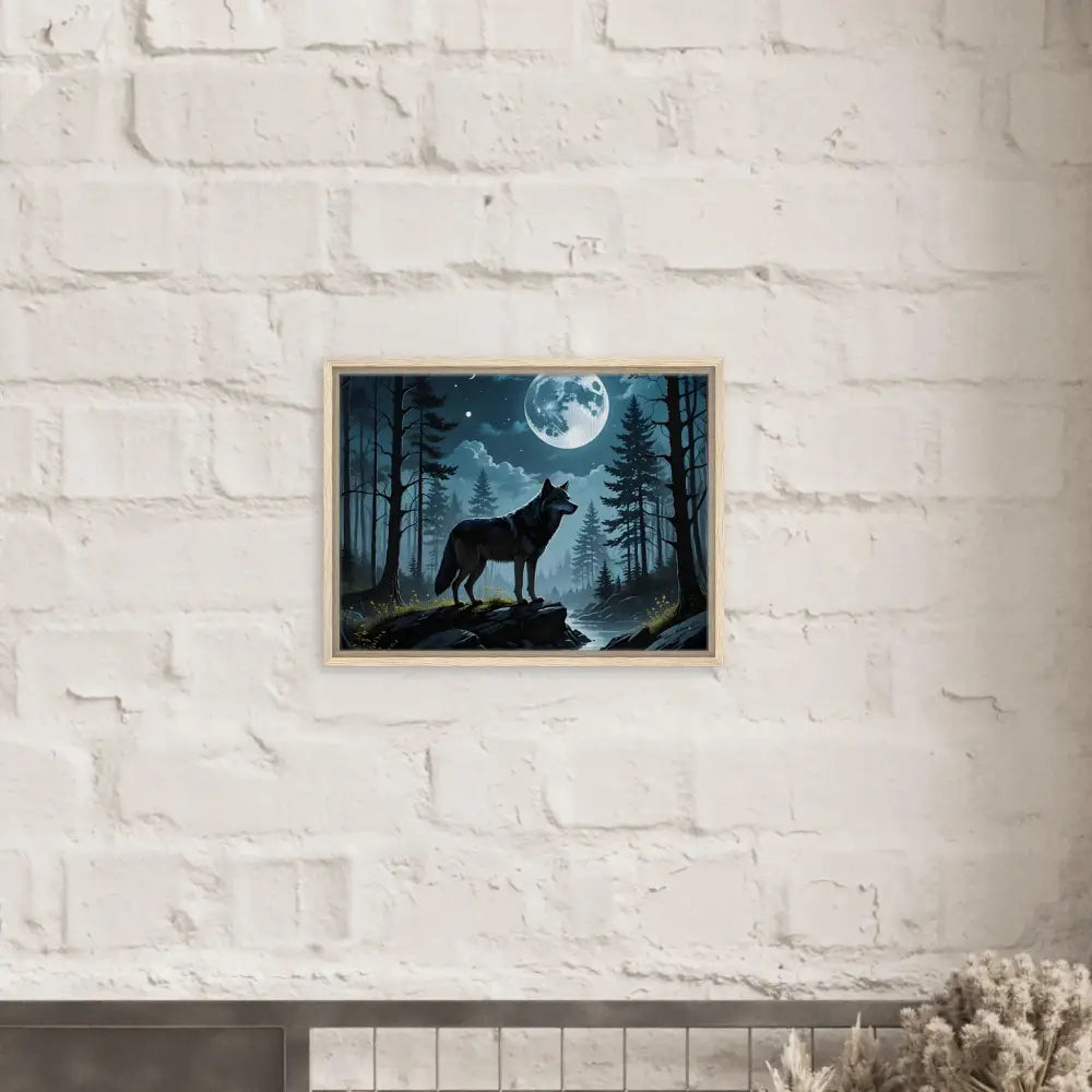 Framed Canvas Wolf Moon Reverie artwork featuring a wolf silhouette under the moon