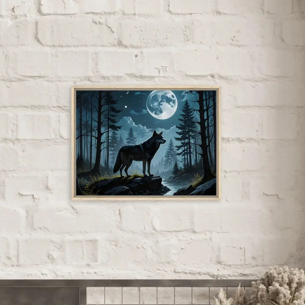 Framed Wolf and Moon Artwork Canvas displayed in PixiOnyx Lunar Dreamscape product
