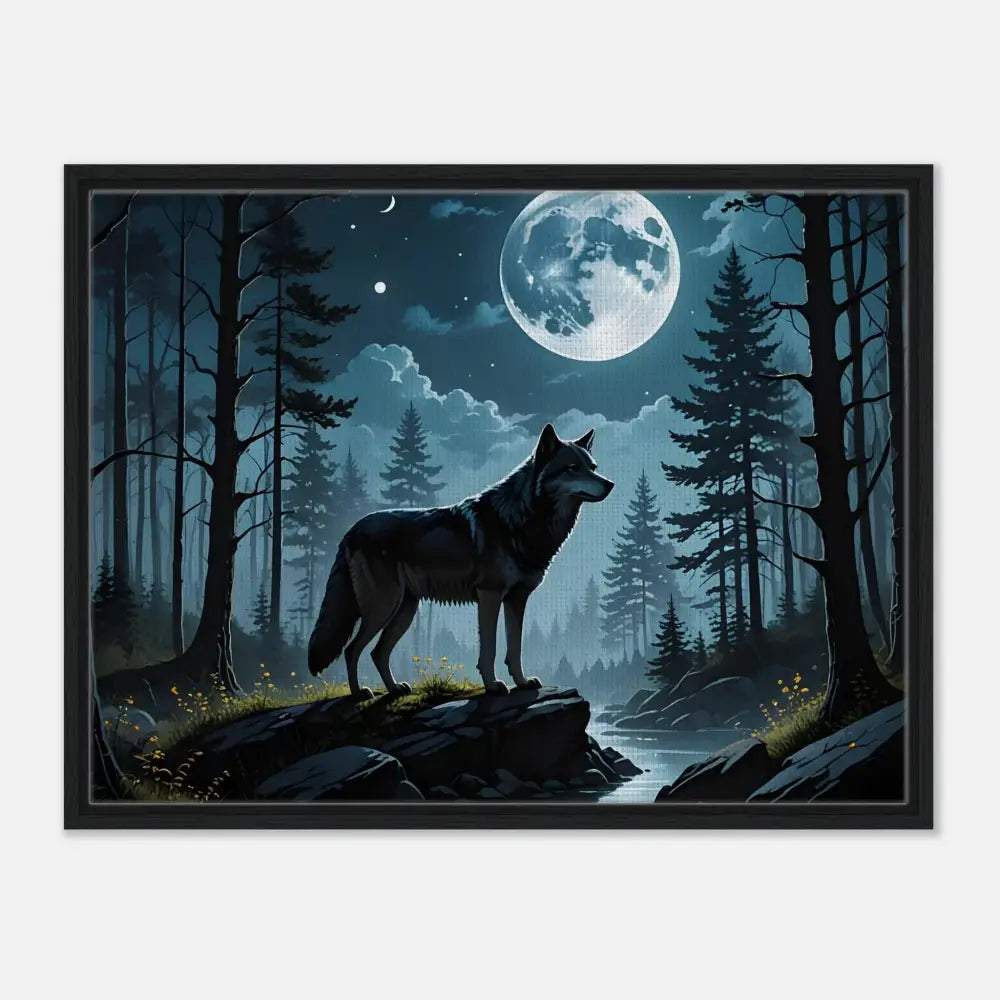 Framed Wolf Painting from PixiOnyx Lunar Dreamscape collection featuring a moonlit wolf scene