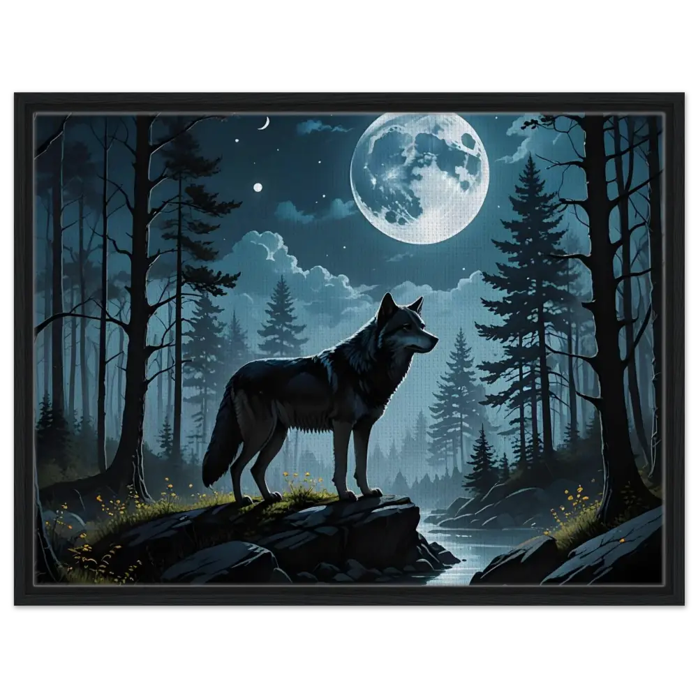 Framed wolf and moon artwork displayed in PixiOnyx Lunar Dreamscape Canvas