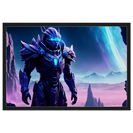 Futuristic armored warrior displayed on Framed Celestial Vanguard Canvas Starwatch Titan