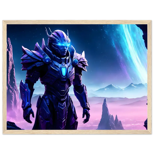 Framed futuristic armored warrior poster from PixiOnyx Cosmic Sentience wall display