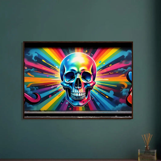 Framed Chromadelic Skullburst Poster featuring rainbow graffiti skull art on PixiOnyx matte print