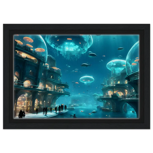 Underwater city artwork displayed in Framed City of the Abyss Canvas Neon Depths