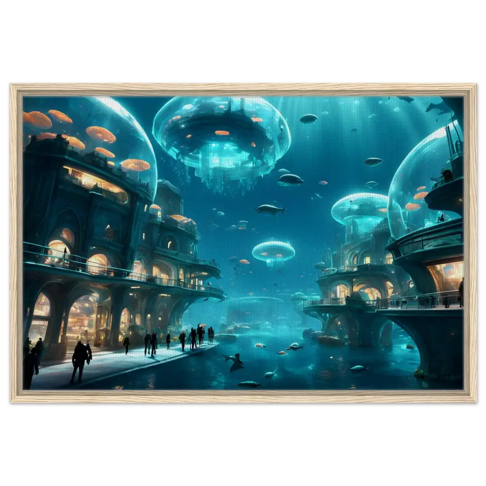 Framed underwater city artwork titled Neon Depths on PixiOnyx Floating Frame Canvas