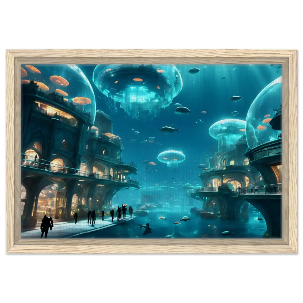Framed underwater city scene artwork in Neon Depths Canvas by PixiOnyx with floating frame