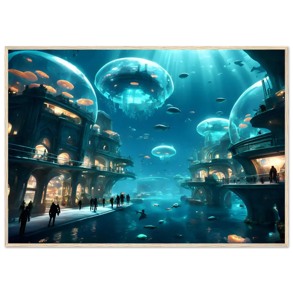Underwater city with jellyfish domes on Framed City of the Abyss Poster Deep Blue Vision