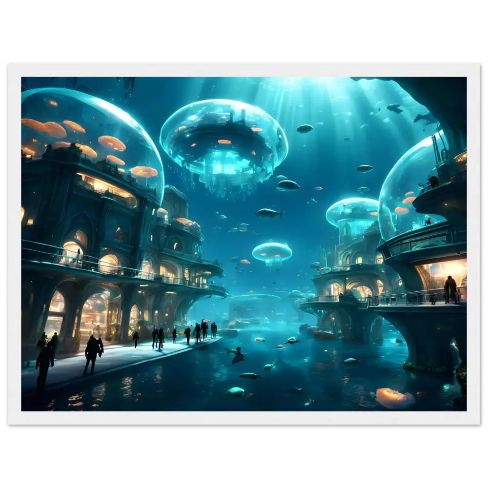 Underwater city with jellyfish-like structures on Framed City of the Abyss Poster Deep Blue Vision