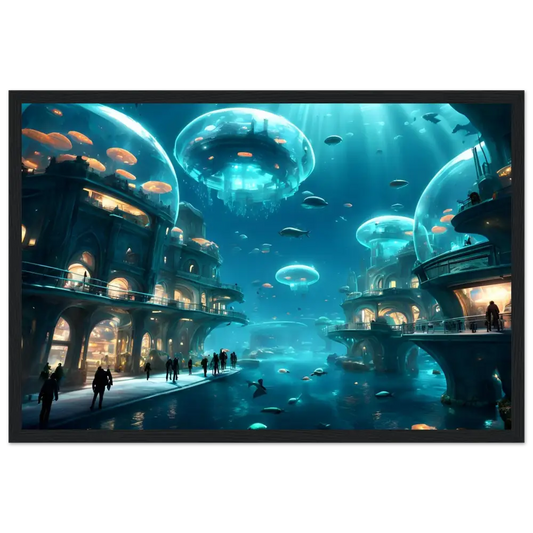 Underwater city with Jellyfish Domes displayed on Framed City of the Abyss Poster