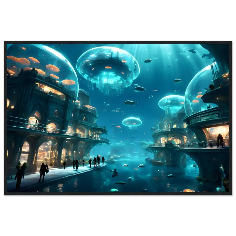 Underwater city with jellyfish domes depicted on Framed City of the Abyss Poster in Deep Blue Vision