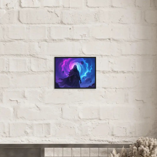 Framed fantasy art of a cloaked figure titled Voidwalker’s Gate on PixiOnyx Matte Print