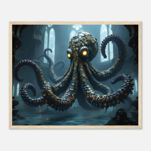 Steampunk-style octopus with glowing eyes on Framed Clocktopus Art Gothic Timebeast PixiOnyx Mythprint Edition