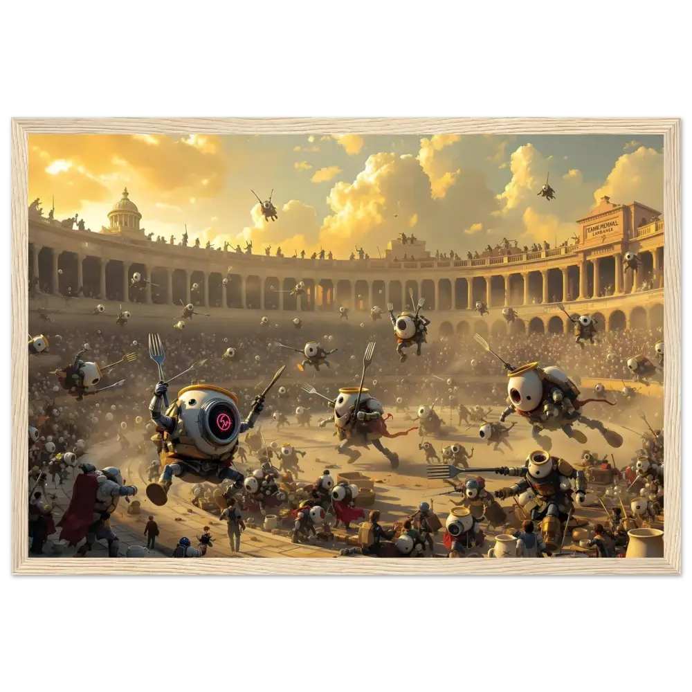 Framed robot gladiator battle scene from PixiOnyx Coliseum Chaos display