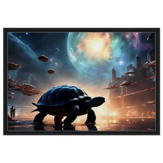 Futuristic turtle cityscape displayed on PixiOnyx Floating Frame Canvas Silent Orbit