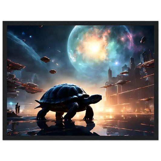 Futuristic turtle in a cityscape displayed on PixiOnyx Matte Wall Display for cosmic decor