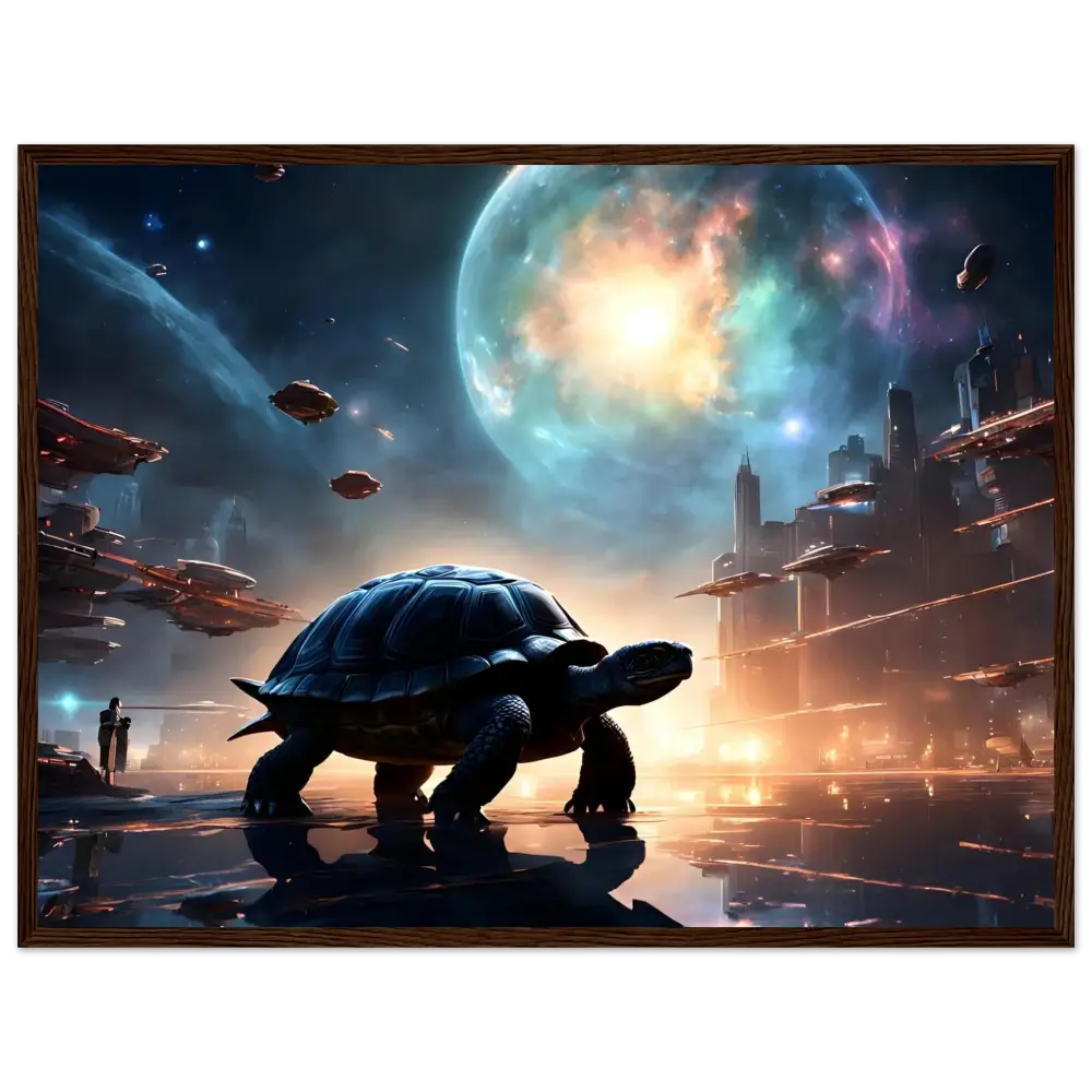 Framed futuristic turtle artwork from Framed Cosmic Voyager Poster Starship Stillness PixiOnyx Matte Wall Display
