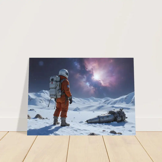 Framed crashed astronaut poster with silent descent artistic print in matte finish
