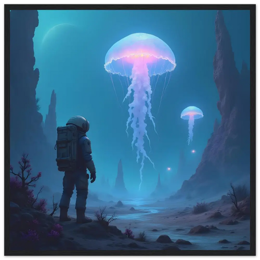 Astronaut gazing at bioluminescent jellyfish in space-themed PixiOnyx Matte Print artwork