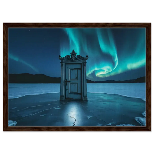 Framed surreal door under Aurora Borealis on PixiOnyx Polar Portal Canvas display