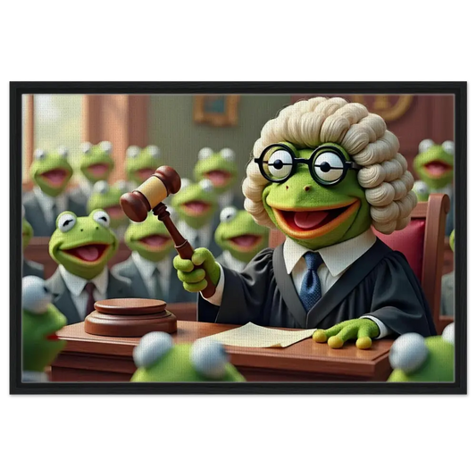 Kermit the Frog dressed as a judge on the Framed Frog Court Canvas Wall Art