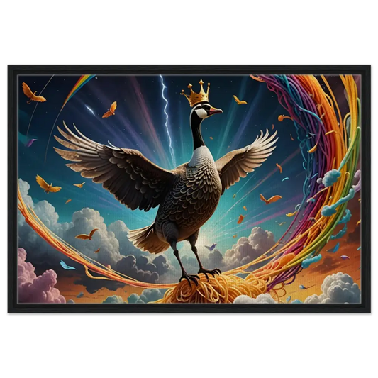 Regal goose wearing a crown on PixiOnyx Cosmic Wall Canvas for Framed Goose Ascension product