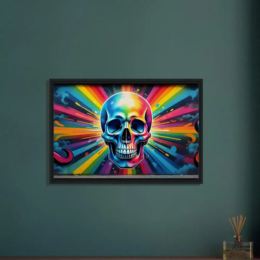 Framed rainbow skull graffiti art canvas for vibrant street decor in Psychedelic Skull Style