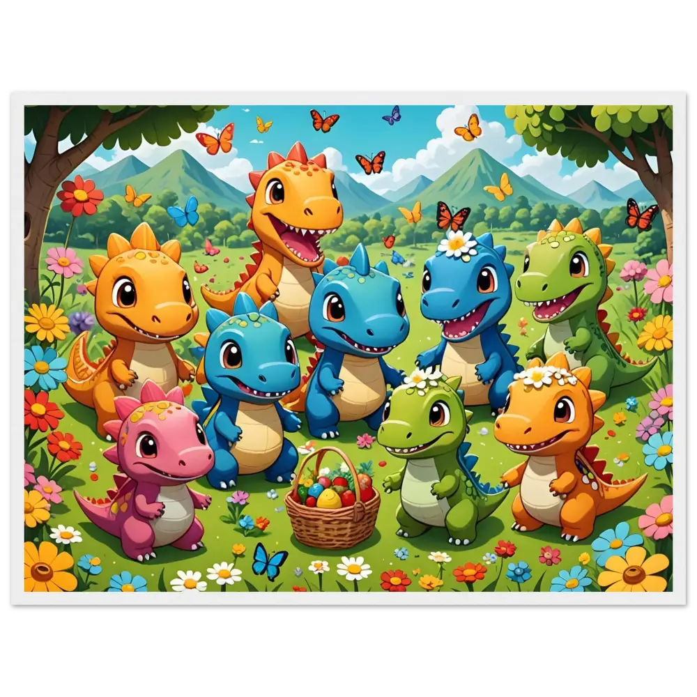 Cartoon dinosaurs with Easter basket artwork for Framed Kawaii Dinos Art Jurassic Joy Bloom