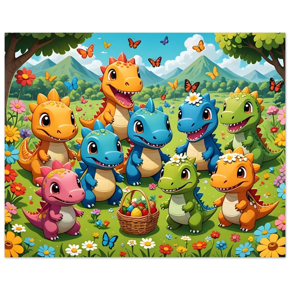 Cartoon dinosaurs with Easter basket on Framed Kawaii Dinos Art Jurassic Joy Bloom PixiOnyx print