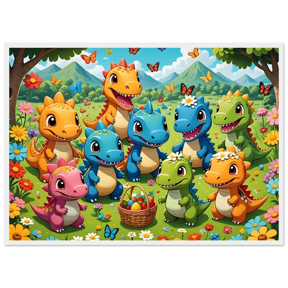 Cartoon dinosaurs with Easter basket on Framed Kawaii Dinos Art Jurassic Joy Bloom print