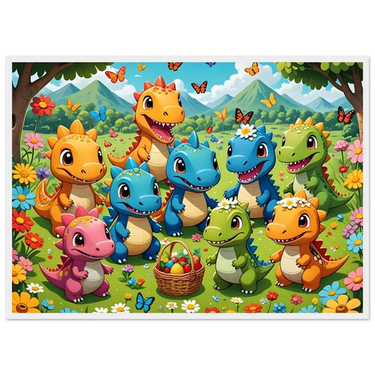 Cartoon dinosaurs with Easter basket on Framed Kawaii Dinos Art Jurassic Joy Bloom print