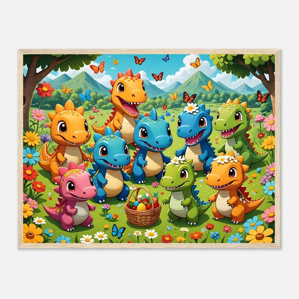 Colorful cartoon dinosaurs with Easter basket, Framed Kawaii Dinos Art Jurassic Joy Bloom