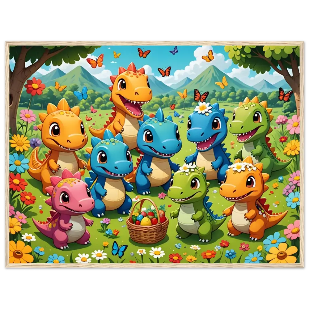 Cartoon dinosaurs with Easter basket for Framed Kawaii Dinos Art Jurassic Joy Bloom