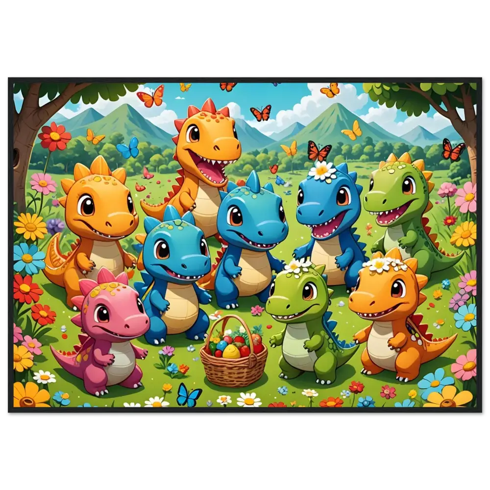 Cartoon dinosaurs with Easter basket art print framed Kawaii Dinos Jurassic Joy Bloom