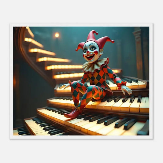 Harlequin doll sitting on piano keys in Framed Marionette Art PixiOnyx Matte Print